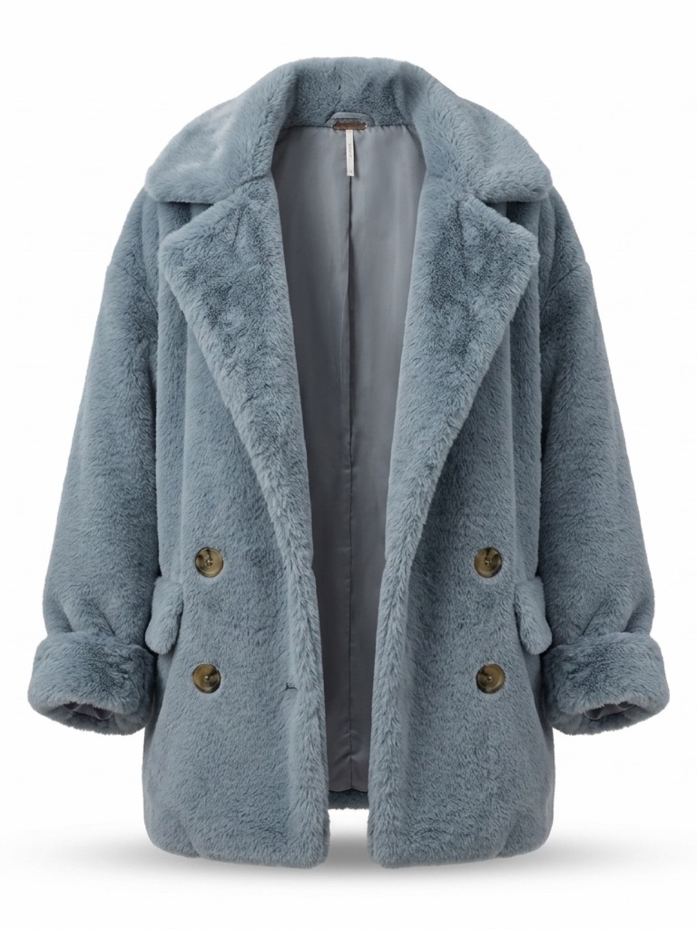 Free People Plush Faux Fur Teddy Jacket in Dusty Blue